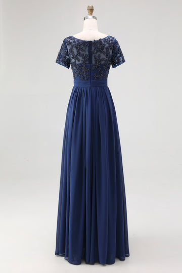 Chiffon A-Line Navy Mother Of the Bride Dress with Appliques
